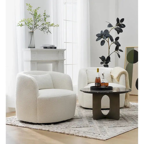 KINWELL 34 Poly Blend Boucle Fabric Upholstered Swivel Armchair