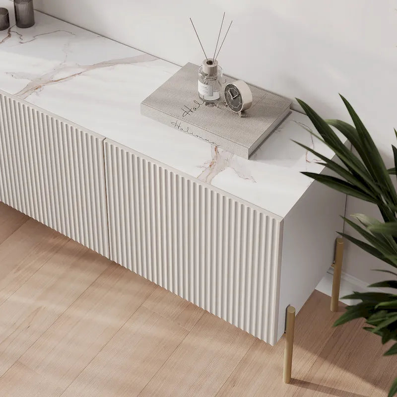 Beigefarbenes Art-Déco-TV-Lowboard mit Metallbeinen – Passend für Fernseher bis 65 Zoll