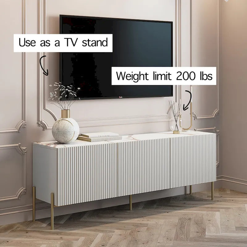 Beigefarbenes Art-Déco-TV-Lowboard mit Metallbeinen – Passend für Fernseher bis 65 Zoll