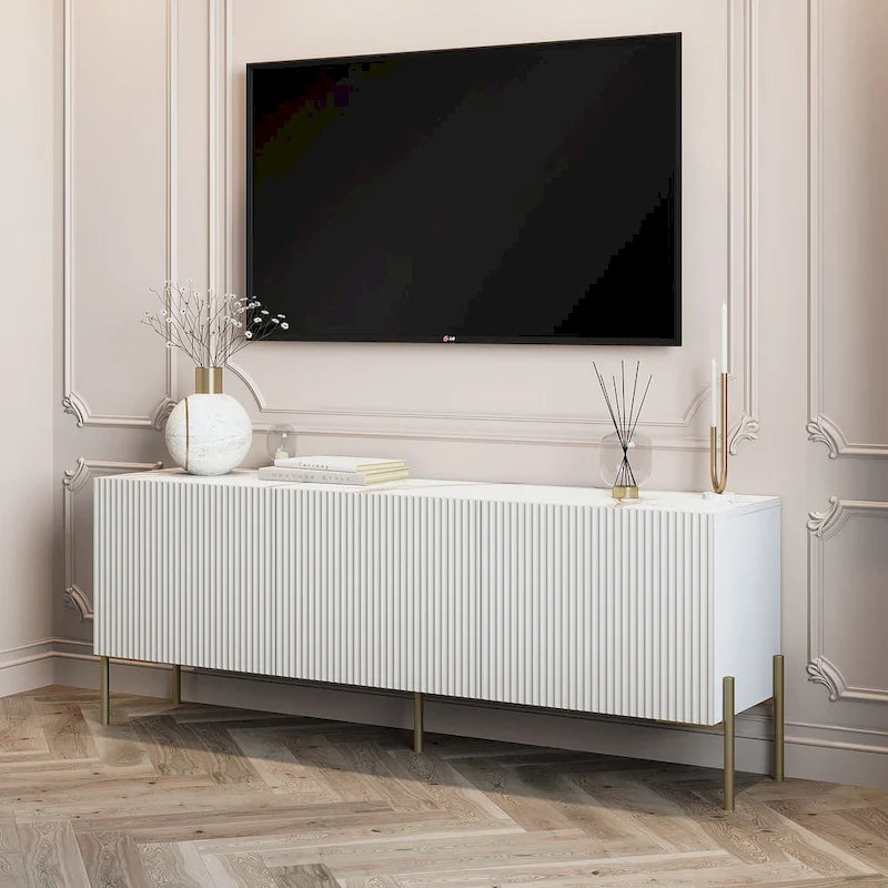 Beigefarbenes Art-Déco-TV-Lowboard mit Metallbeinen – Passend für Fernseher bis 65 Zoll