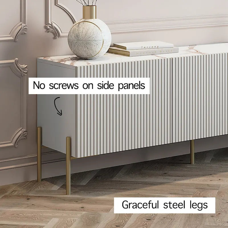 Beigefarbenes Art-Déco-TV-Lowboard mit Metallbeinen – Passend für Fernseher bis 65 Zoll