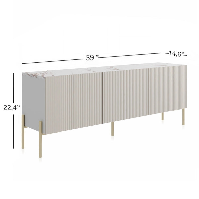 Beigefarbenes Art-Déco-TV-Lowboard mit Metallbeinen – Passend für Fernseher bis 65 Zoll