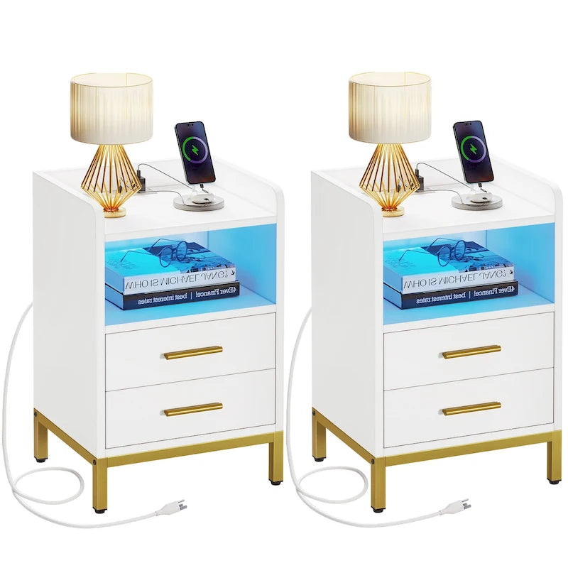 Nachttisch mit 2 Schubladen, USB-Ladefunktion und RGB-LED-Beleuchtung (2er-Set)