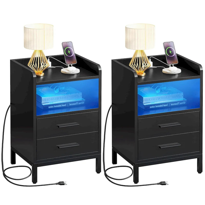 Nachttisch mit 2 Schubladen, USB-Ladefunktion und RGB-LED-Beleuchtung (2er-Set)