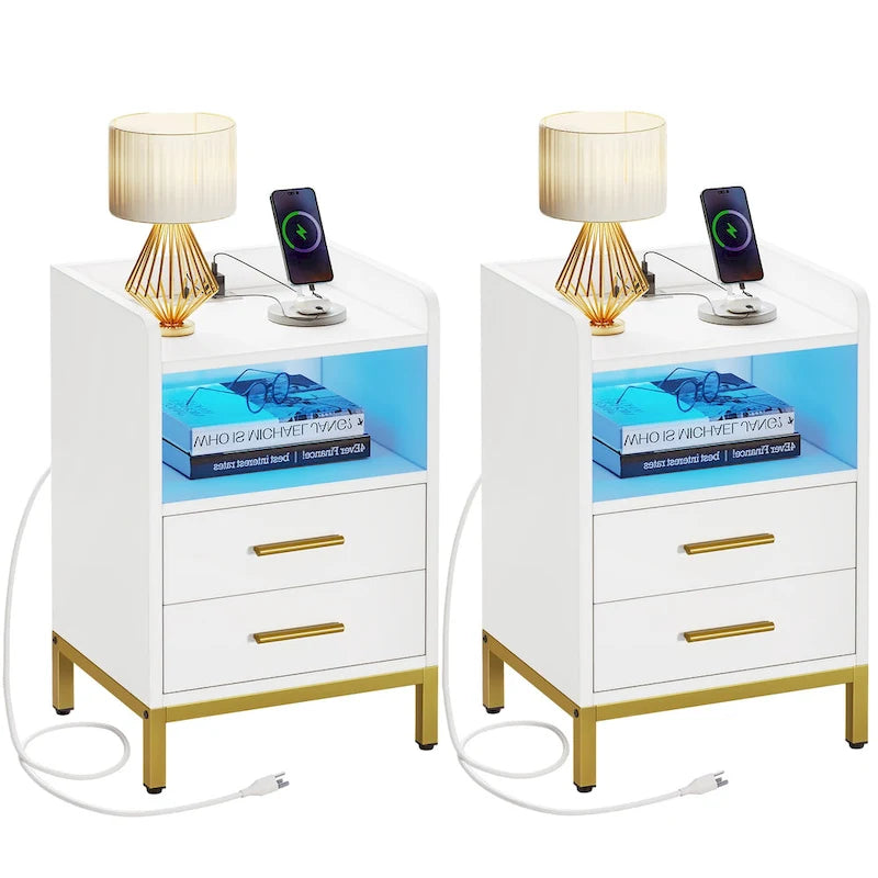 Nachttisch mit 2 Schubladen, USB-Ladefunktion und RGB-LED-Beleuchtung (2er-Set)