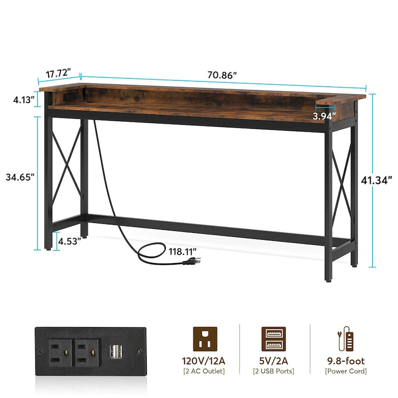 70.9" Konsolentisch mit integrierter Ladestation – USB-Anschlüsse & Steckdosen