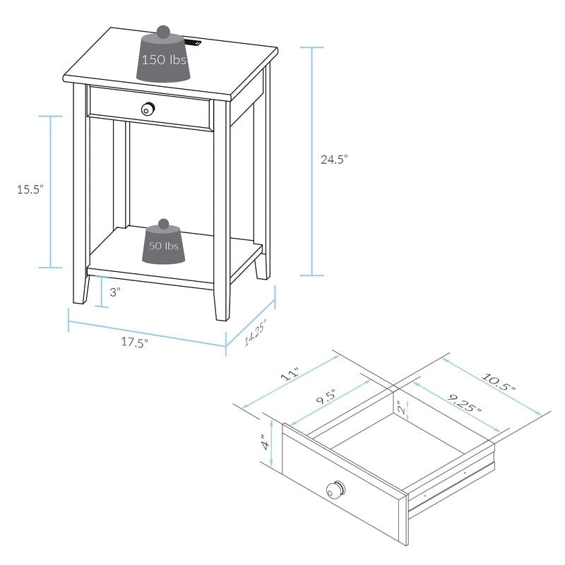 Nachttisch aus Massivholz mit 1 Schublade und USB-Anschlüssen