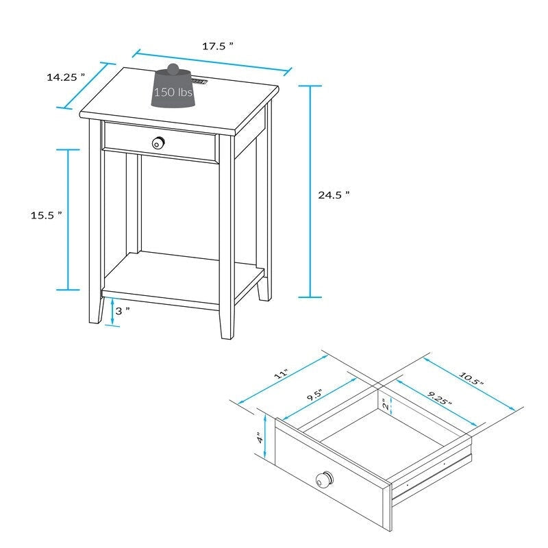 Nachttisch aus Massivholz mit 1 Schublade und USB-Anschlüssen