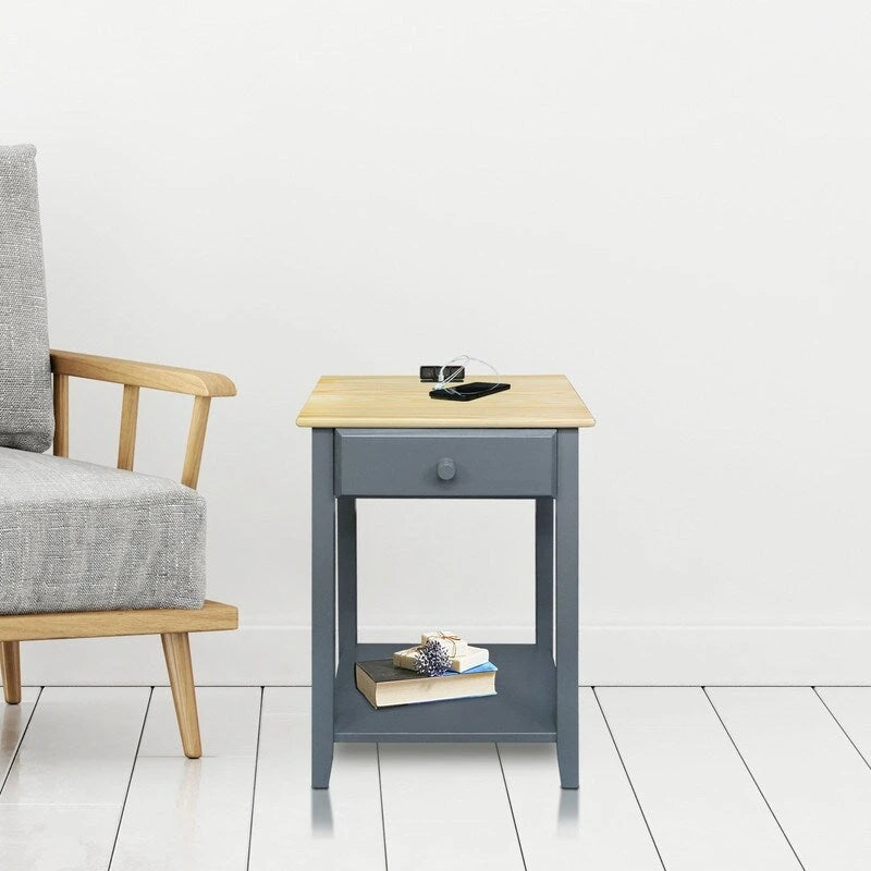 Nachttisch aus Massivholz mit 1 Schublade und USB-Anschlüssen