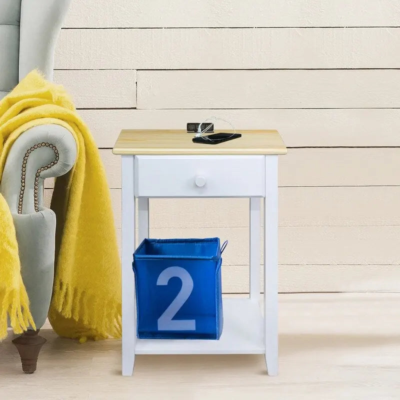 Nachttisch aus Massivholz mit 1 Schublade und USB-Anschlüssen