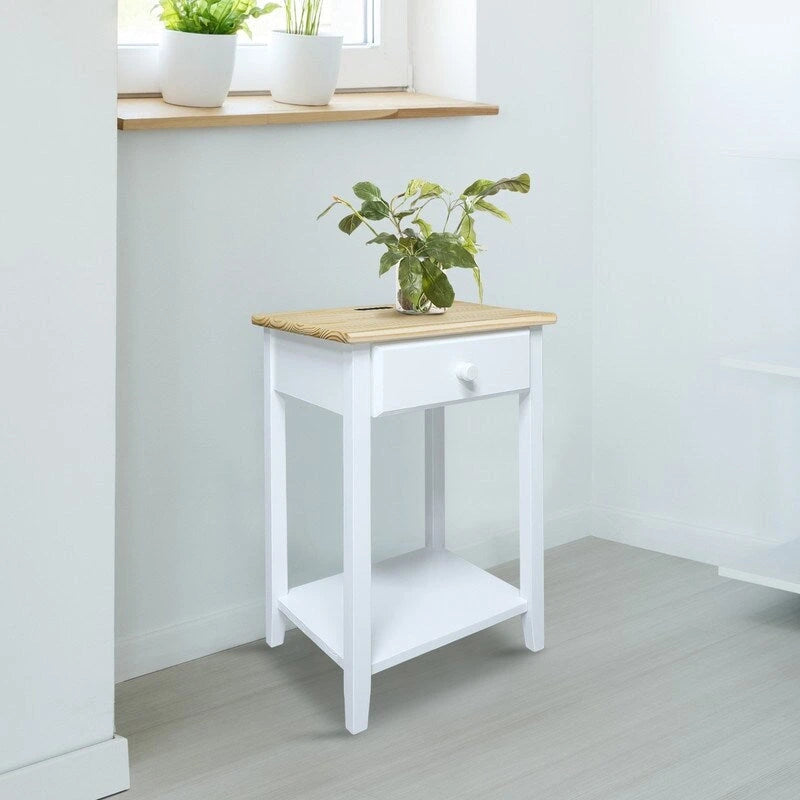 Nachttisch aus Massivholz mit 1 Schublade und USB-Anschlüssen