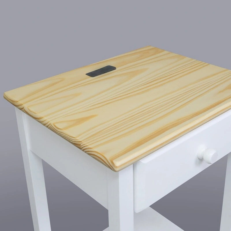 Nachttisch aus Massivholz mit 1 Schublade und USB-Anschlüssen