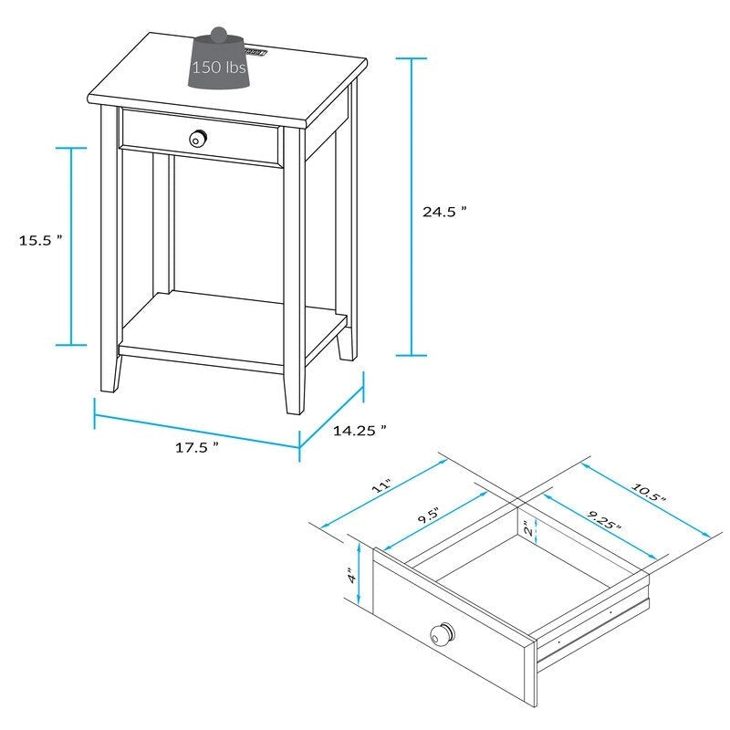 Nachttisch aus Massivholz mit 1 Schublade und USB-Anschlüssen