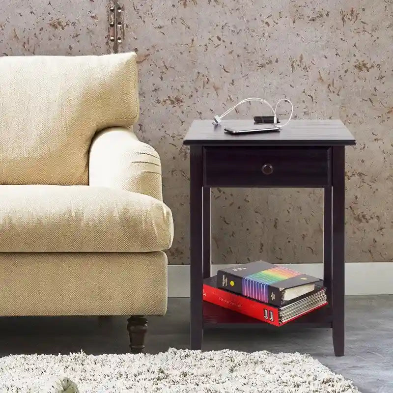 Nachttisch aus Massivholz mit 1 Schublade und USB-Anschlüssen