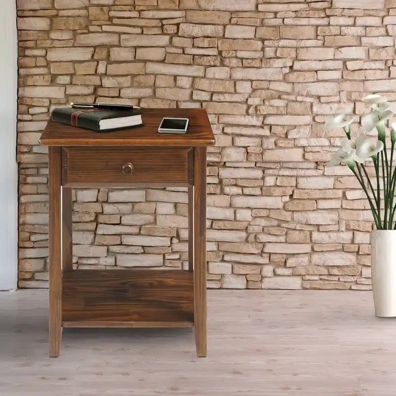 Nachttisch aus Massivholz mit 1 Schublade und USB-Anschlüssen
