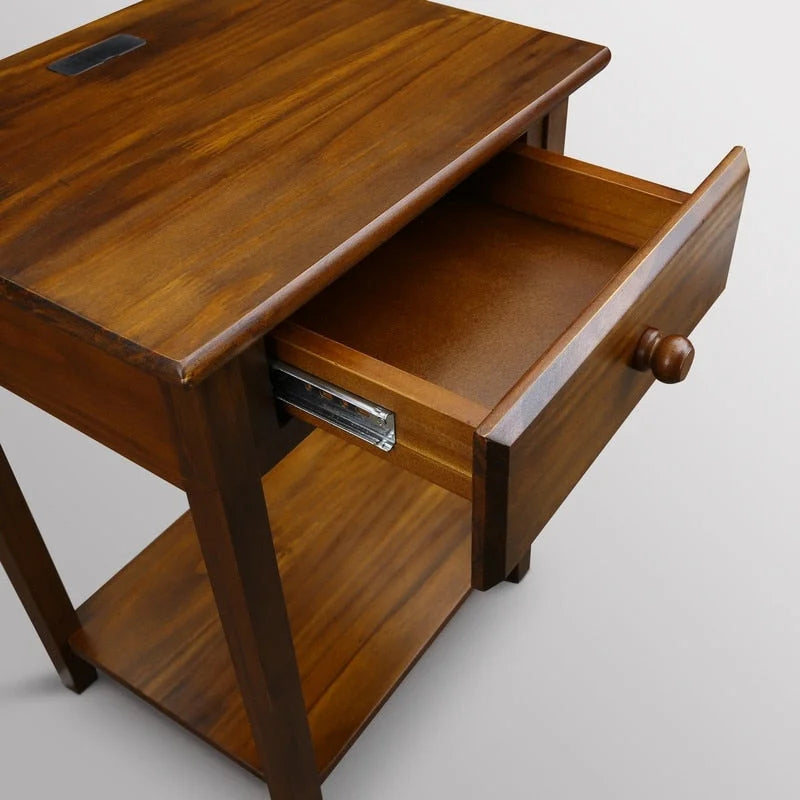 Nachttisch aus Massivholz mit 1 Schublade und USB-Anschlüssen