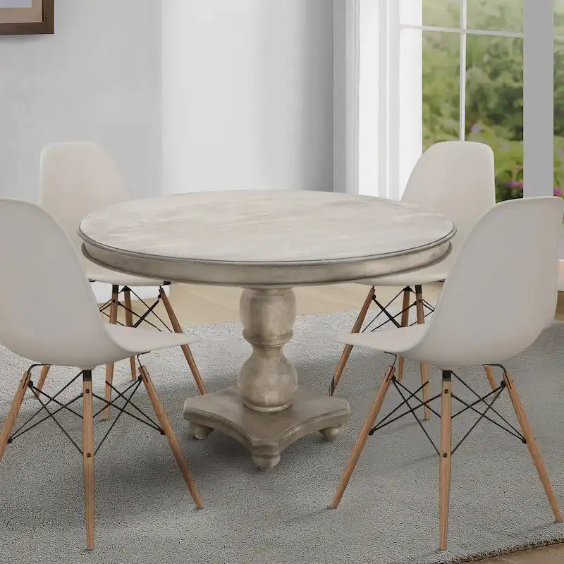 Runder Esstisch aus handgefertigtem Mangoholz, 42 Zoll – Washed White/Grau