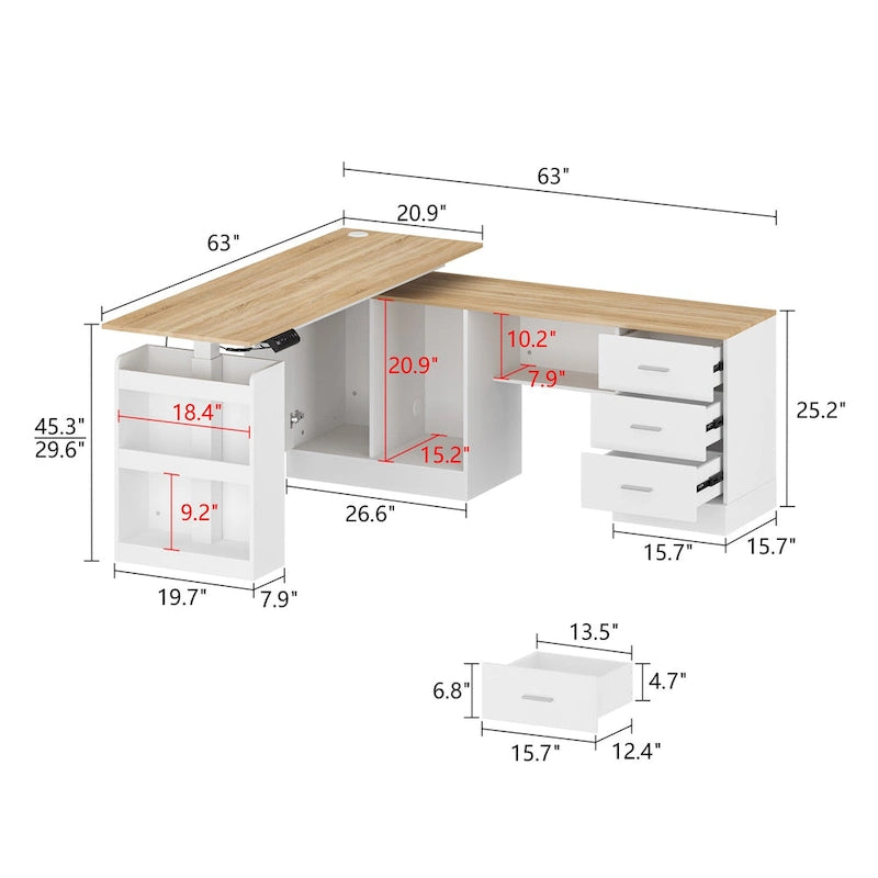63" höhenverstellbarer Schreibtisch mit integriertem Schrank und Schubladen