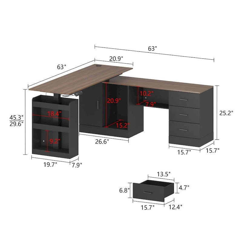 63" höhenverstellbarer Schreibtisch mit integriertem Schrank und Schubladen