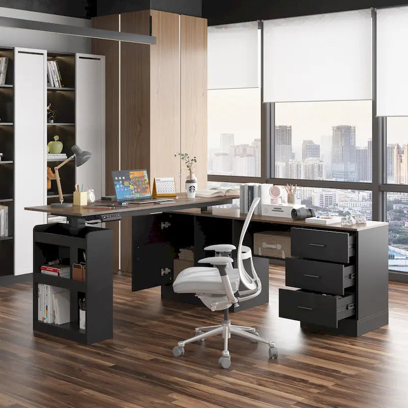 63" höhenverstellbarer Schreibtisch mit integriertem Schrank und Schubladen