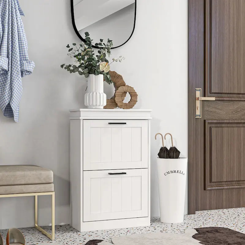 HOMCOM Shoe Cabinet for Entryway, Narrow Shoe Rack Storage Organizer with 2 Flip Drawers and Adjustable Shelves