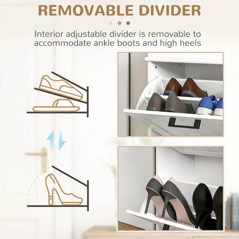 Schmaler Schuhschrank mit 2 Kippschubladen und verstellbaren Einlegeböden