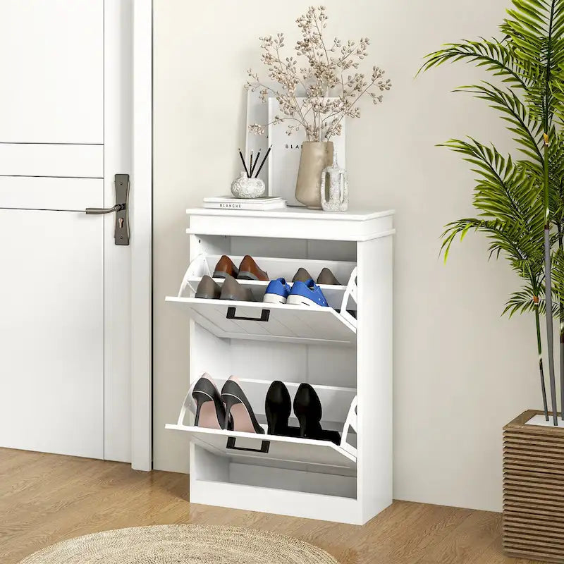 Schmaler Schuhschrank mit 2 Kippschubladen und verstellbaren Einlegeböden