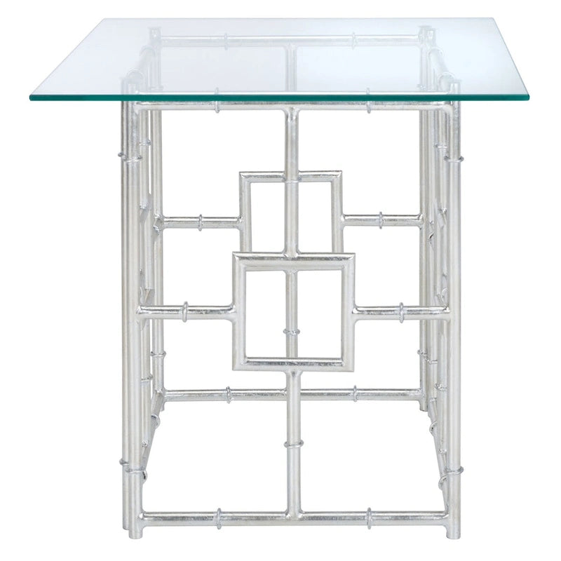 Silberner Beistelltisch mit Glasplatte – 56B x 56T x 53H cm