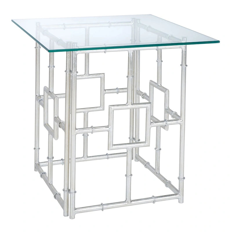 Silberner Beistelltisch mit Glasplatte – 56B x 56T x 53H cm