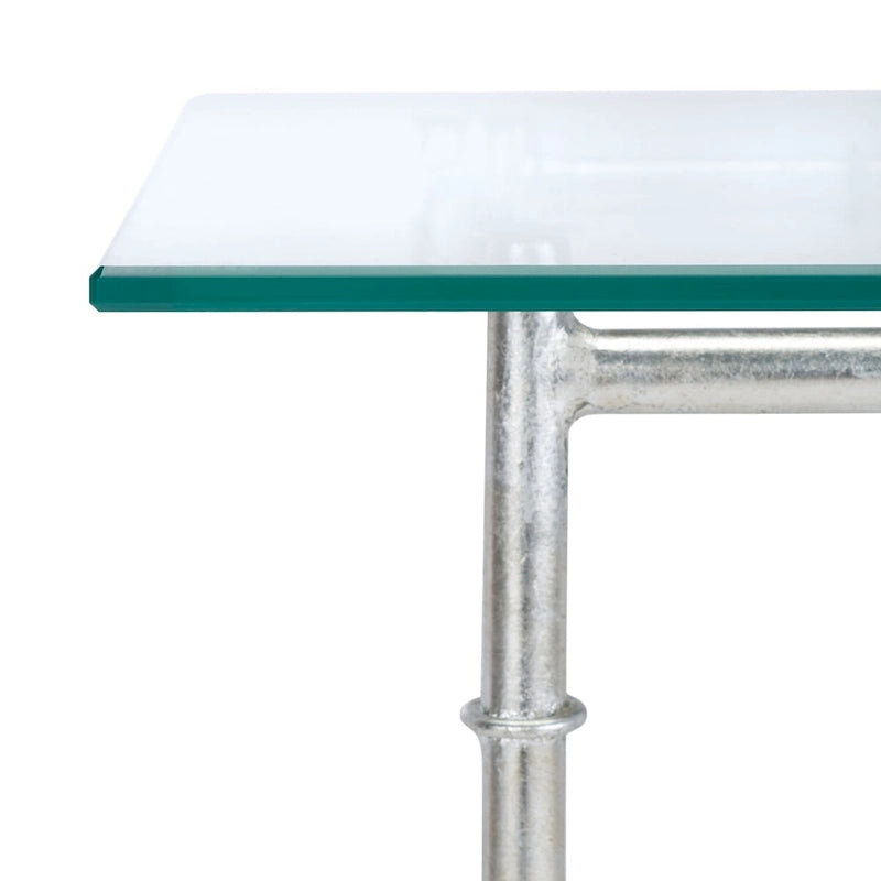 Silberner Beistelltisch mit Glasplatte – 56B x 56T x 53H cm