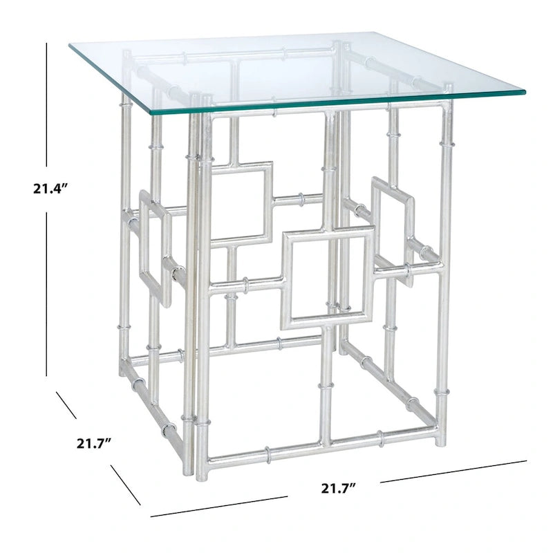 Silberner Beistelltisch mit Glasplatte – 56B x 56T x 53H cm