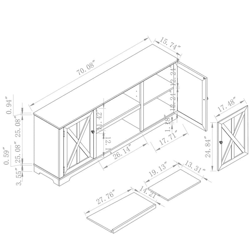 70" TV-Schrank für Farmhouse-Stil bis zu 75" TVs