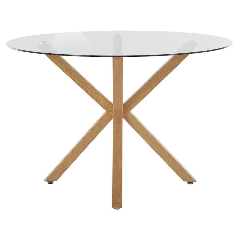 Runder Esstisch aus Glas mit Holzsockel – Eiche