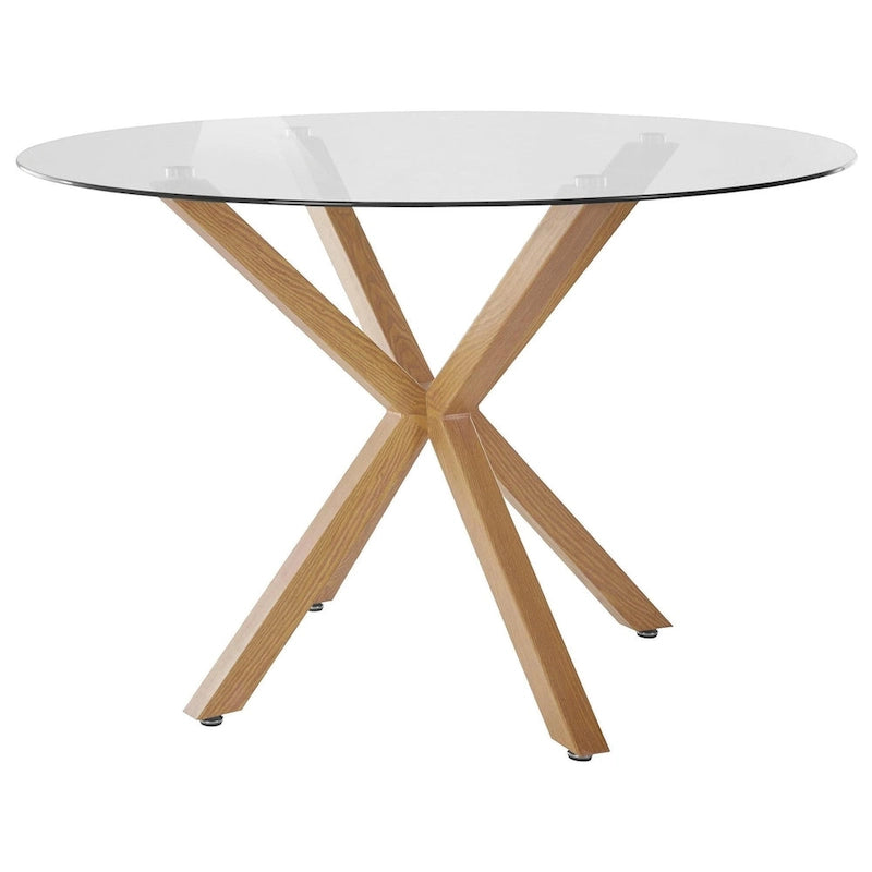 Runder Esstisch aus Glas mit Holzsockel – Eiche